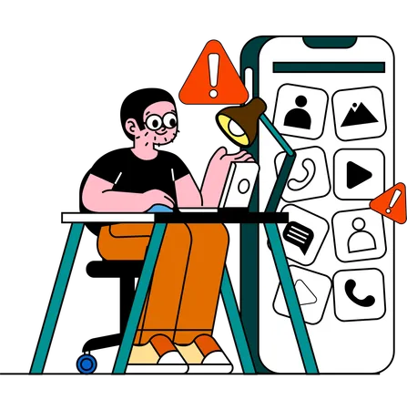 This Vivid Illustration Depicts A Developer At His Desk Surrounded By Warning Icons Emphasizing The Troubleshooting And Problem Solving Aspects Of Tech Roles Illustration