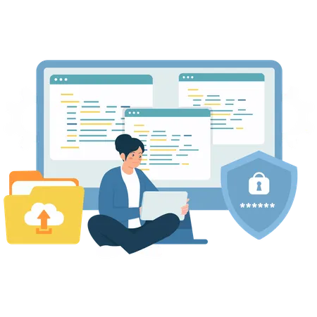 Developer working with Cybersecurity Programming  Illustration