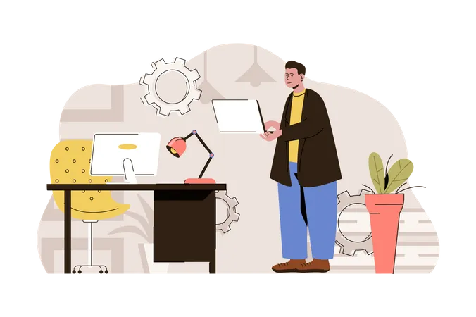 Computer Technologies Concept Developer Works On Laptop Creates Software Situation Programmer In Office People Scene Vector Illustration With Flat Character Design For Website And Mobile Site Illustration
