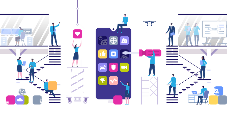 Developers building mobile apps  Illustration