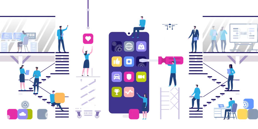 Mobile App Development Concept With Characters Developers Building Mobile Apps And Working Together On A User Interface Communication And Technology Concept Flat Vector Illustration Illustration