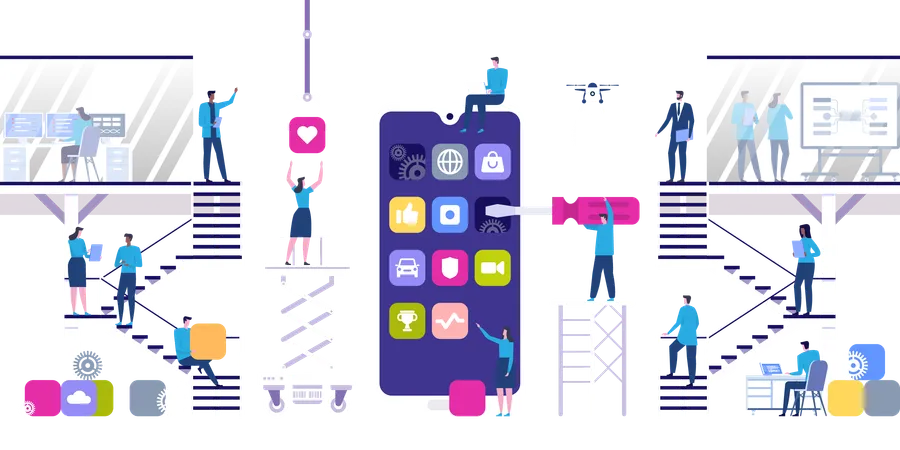 Developers building mobile apps  Illustration