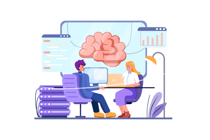 Developers programming artificial intelligent brain  Illustration
