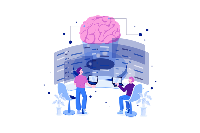 Developers programming artificial intelligent brain  Illustration