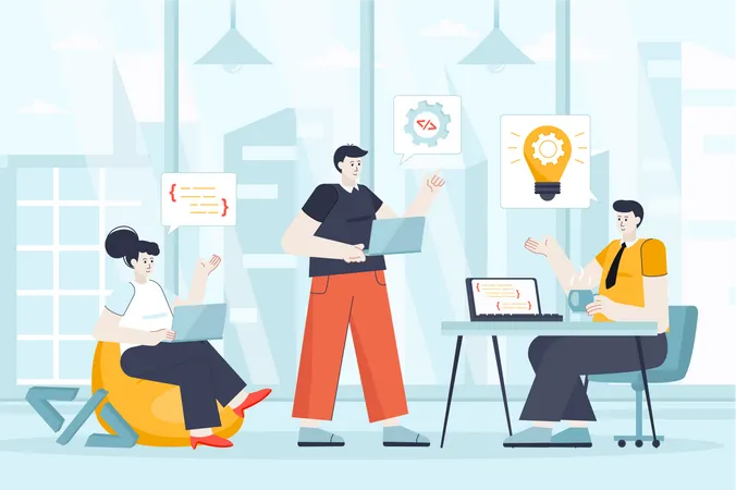 Developers Team Concept In Flat Design Teamwork At Office Scene Man And Woman Coding Programming Brainstorming Working Project Together Vector Illustration Of People Characters For Landing Page Illustration
