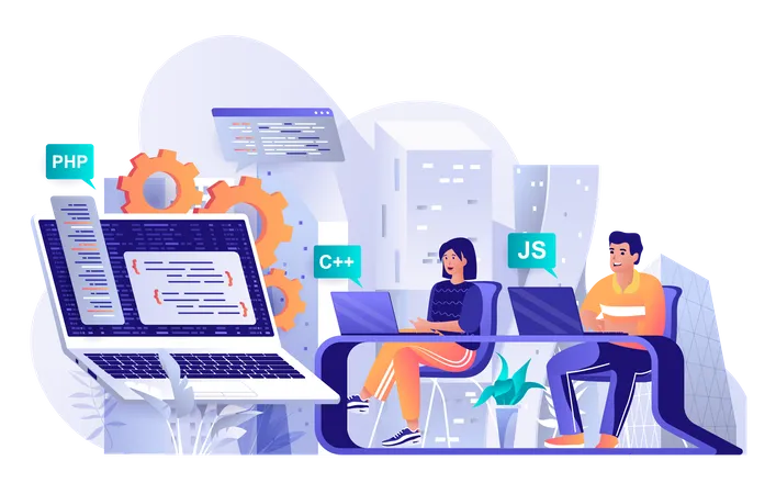 Programming Software Concept In Flat Design Developers Working On Project Scene Template Programmers Working On Laptops Coding Code Developing Vector Illustration Of People Characters Activities Illustration