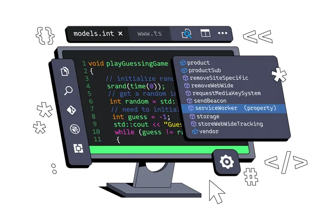 Developing computer programs displayed on computer Programming and coding  Illustration