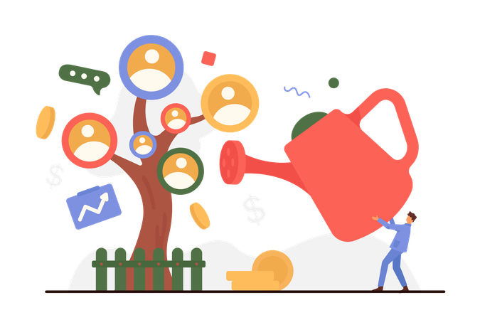 Development and organization of employees by businessman watering tree with portraits  イラスト
