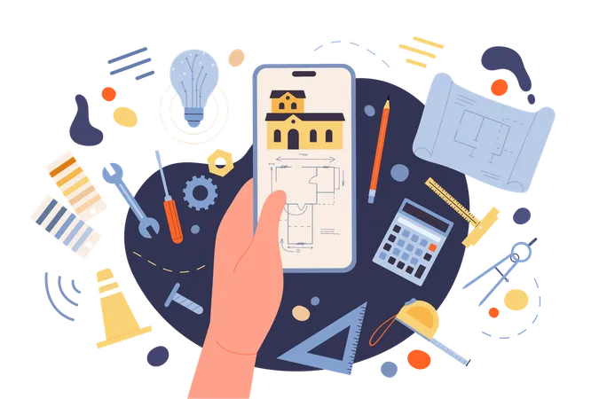 Cartoon Architects Hand Holding Phone With Building Blueprint On Screen Person Using Paper Sketch Tools And Software For Product Design Development Of Architecture Project Vector Dark Concept イラスト