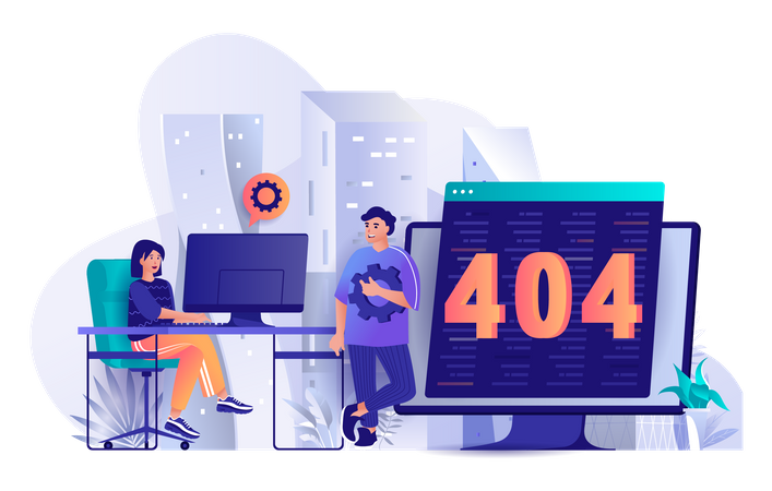 Development team solving 404 error  Illustration