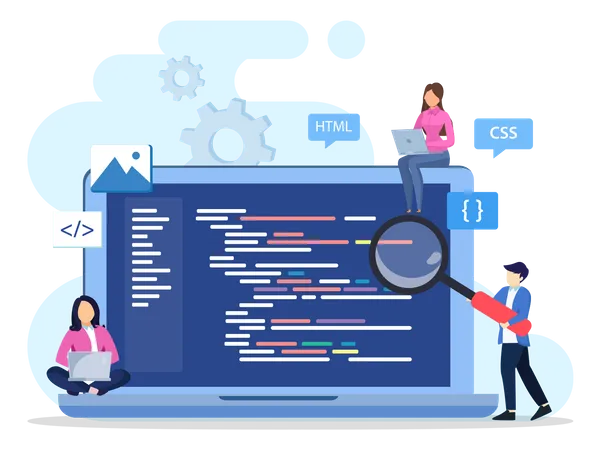 Programmers At Work Concept People Work On Table Using Laptops Programming And Coding Programming Languages Css Html PHP Ui Flat Vector Template Illustration