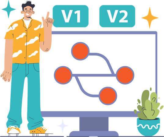 Développeur tendance présentant la progression de la V1 à la V2 sur le moniteur  Illustration