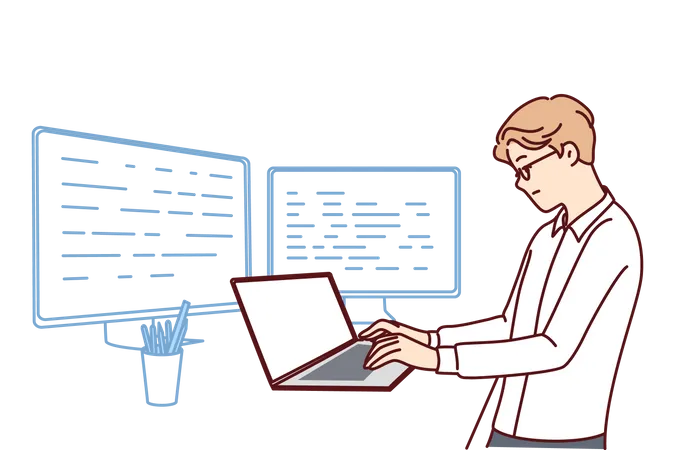 Développeur de logiciels travaillant sur un ordinateur portable et un ordinateur pour créer des applications serveur  Illustration
