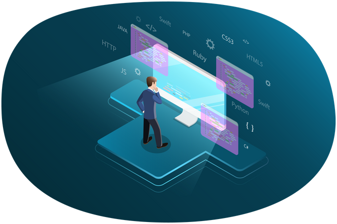 Développeur masculin travaillant sur le développement de logiciels  Illustration