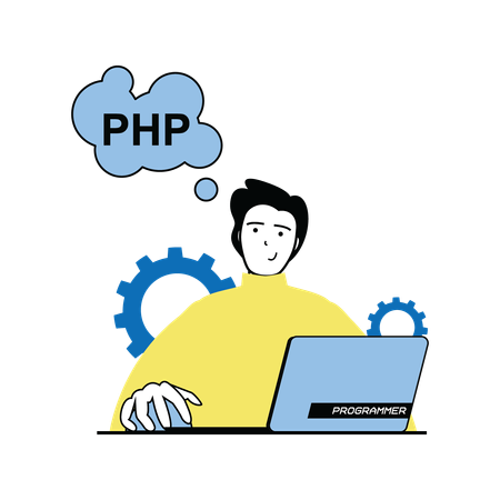 Développeur PHP travaillant sur un ordinateur portable  Illustration