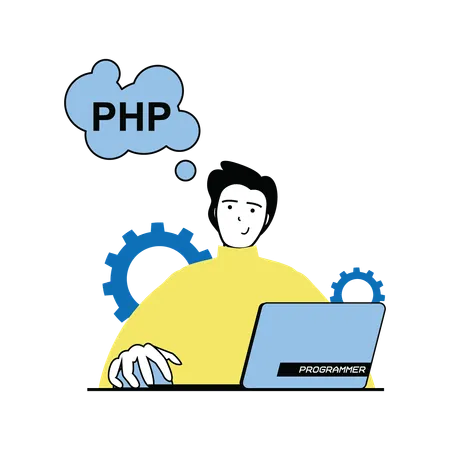 Développeur PHP travaillant sur un ordinateur portable  Illustration