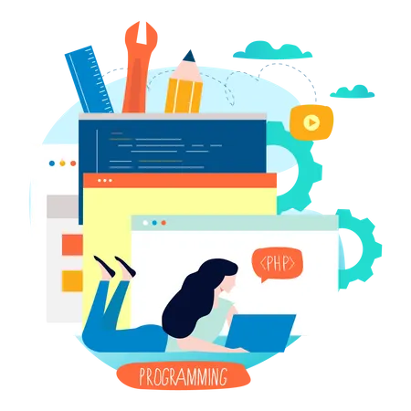 Développeur PHP travaillant sur le développement de sites Web  Illustration