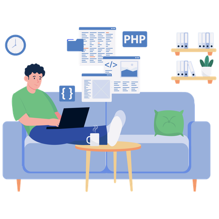 Développeur travaillant sur un canapé à la maison  Illustration