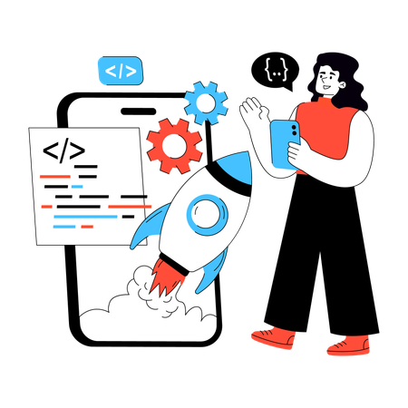 Le développeur travaille sur le lancement de l'application  Illustration