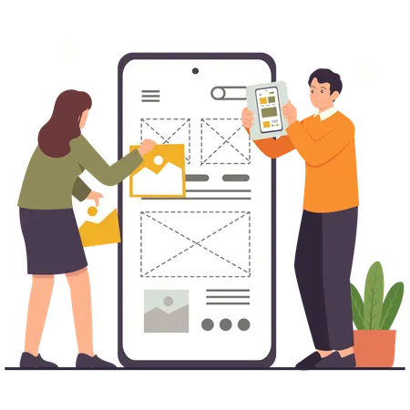 Développeurs travaillant sur le prototypage d'interfaces mobiles  Illustration