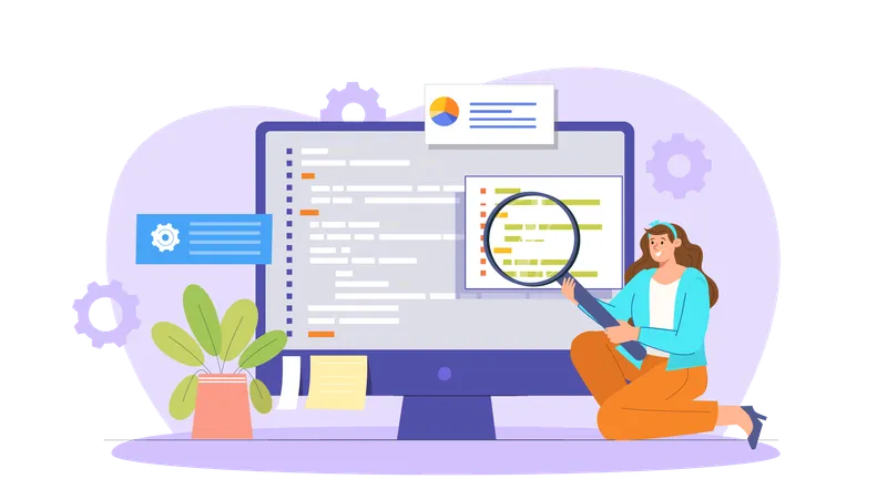 Développeuse à la recherche de bugs dans le code  Illustration