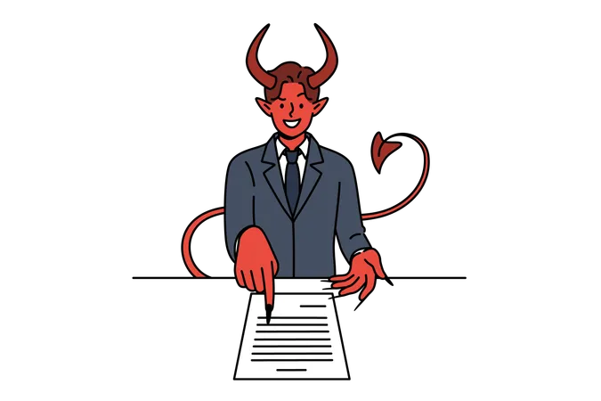 Devil offers to sign business contract lying on table in order to sell soul to satan  Illustration