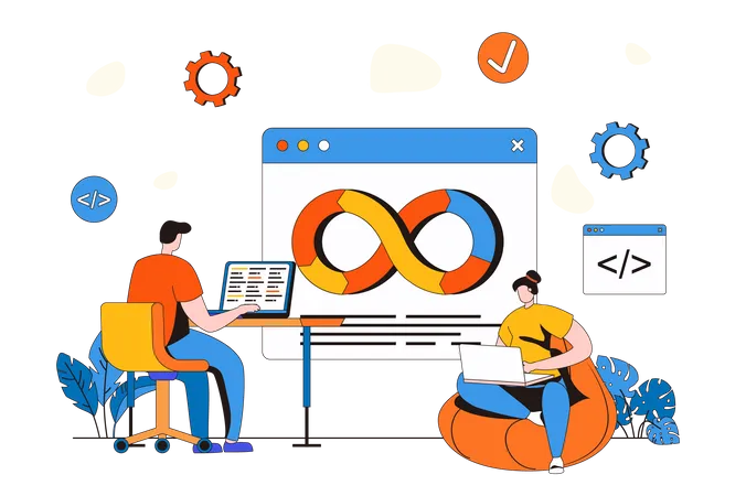 Dev Ops Web Concept In Flat 2 D Design Man And Woman Developers Work Together In Team Administer Development And Collaboration Processes On Programming Products Vector Illustration With People Scene Illustration
