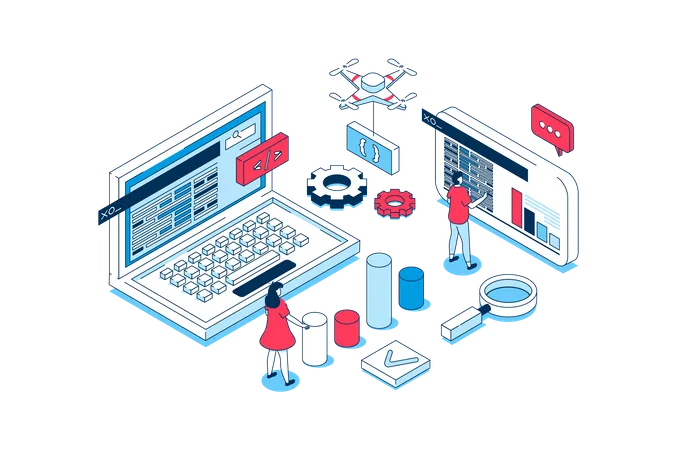 Dev Ops Concept In 3 D Isometric Design People Working With Computers Communication And Collaboration Agile Processes On Programming Products Vector Illustration With Isometry Scene For Web Graphic Illustration