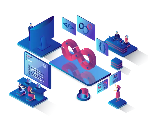 Dev Ops Concept 3 D Isometric Web Landing Page People Working In Team Programmers Interact With Tech Support Engineers Development Operation Vector Illustration For Web Template Design 일러스트레이션