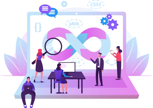 Devops Specialists Work Collaboration. Programmers and Businesspeople at Huge Laptop. Development Automation, Monitoring Cycles at All Steps of Software Construction. Cartoon Flat Vector Illustration Illustration