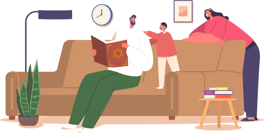 Devoted Jewish Family Characters Father Mother And Little Son Engrossed In The Sacred Act Of Reading The Torah Connecting Generations And Fostering Spirituality Through The Profound Teachings Illustration