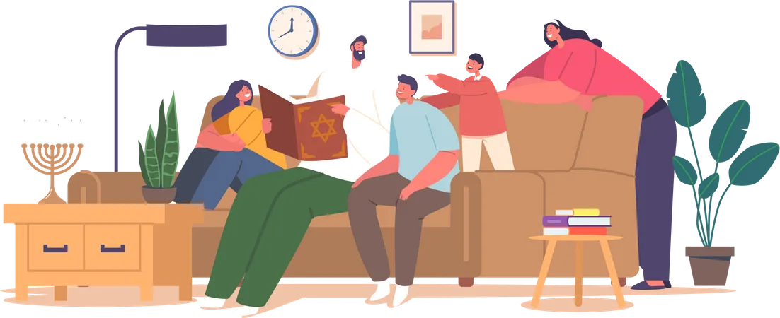 Devoted Jewish Family Characters Gathered Together Immersed In The Sacred Act Of Reading The Torah Honoring Their Religious Tradition And Passing Down Wisdom Through Generations Vector Illustration Illustration