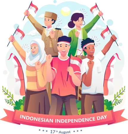 As Pessoas Celebram O Dia Da Independencia Da Indonesia Levantando A Bandeira Vermelha E Branca Da Indonesia Dia Da Independencia Da Indonesia Em 17 De Agosto Ilustracao Vetorial Em Estilo Simples Ilustração