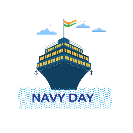 Día de la Marina de la India con un gran barco y una bandera  Ilustración