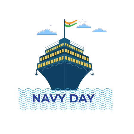 Día de la Marina de la India con un gran barco y una bandera  Ilustración