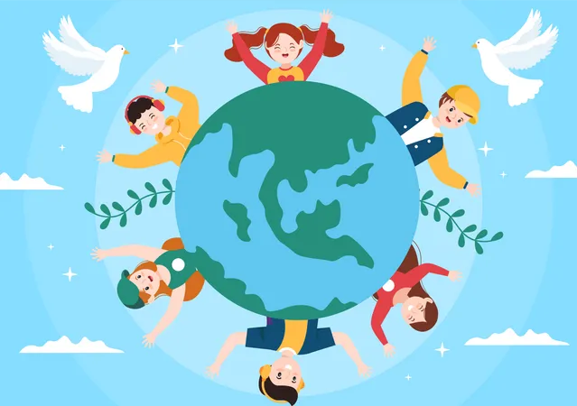 Ilustracion De Dibujos Animados Del Dia Internacional De La Paz Con Manos Jovenes Globo Y Cielo Azul Para Crear Prosperidad En El Mundo En Un Diseno De Estilo Plano Ilustración