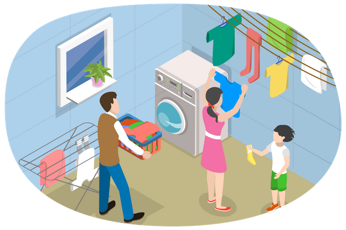 Día de lavandería familiar  Ilustración