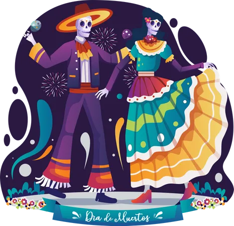 Festa Tradicional Mexicana Do Dia Dos Mortos Com Esqueleto Mariachi Com Sombrero E Catrina Dancando Juntas Ilustracao Vetorial Em Estilo Simples Ilustração