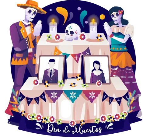 Festa Tradicional Mexicana Do Dia Dos Mortos Com Esqueleto Mariachi Com Sombrero E Catrina Rezando As Maos Perto Do Altar Ou Ofrenda Ilustracao Vetorial Em Estilo Simples Ilustração