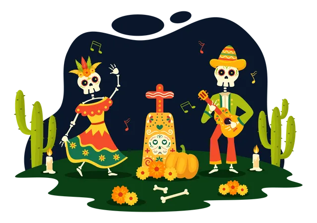 Ilustracao Vetorial Dia De Los Muertos Com Dia Dos Mortos Tocar Musica Esqueleto Em Trajes Mexicanos E Sombrero Em Fundo Plano De Desenho Animado Ilustração
