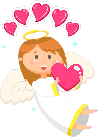Anjo dos namorados com asas segurando corações rosa  Ilustração