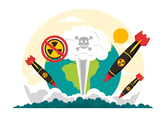 La Ilustracion Vectorial Del Dia Internacional Contra Los Ensayos Nucleares Para El 29 De Agosto Presenta Una Tierra Y Una Bomba De Cohete En Un Fondo De Dibujos Animados De Estilo Plano Ilustración