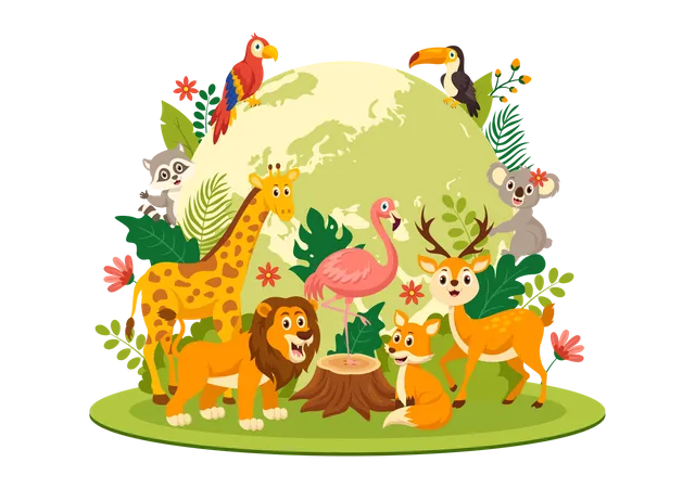 Ilustracao Vetorial Do Dia Mundial Dos Animais Com Varios Animais Ou Vida Selvagem Para Protecao De Habitat E Floresta Em Modelos De Fundo De Desenhos Animados Planos Ilustração