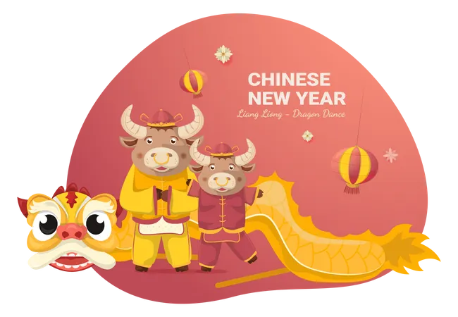 Ilustracion Plana De Liang Liong O Danza Del Dragon Para Celebrar El Ano Nuevo Lunar Chino 2021 Ano Del Concepto Del Buey Ilustración