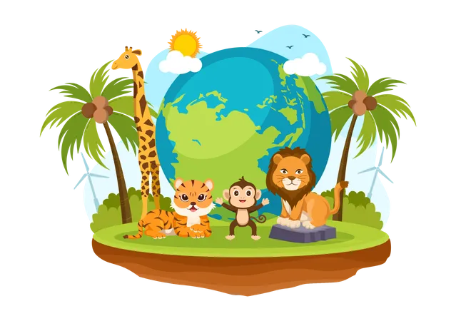 Ilustracion Del Dia Mundial Del Medio Ambiente Con Arboles Verdes Y Animales En El Bosque Para Salvar El Planeta O Cuidar La Tierra En Plantillas Dibujadas A Mano Ilustración