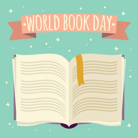 Día mundial del libro, libro abierto con pancarta festiva.  Ilustración