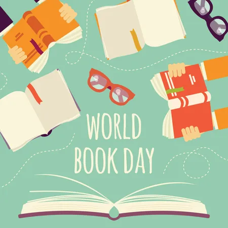 Día mundial del libro, libro abierto con manos sosteniendo libros y vasos.  Ilustración