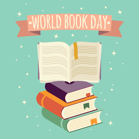 Día mundial del libro, libro abierto con pancarta festiva y pila de libros  Ilustración