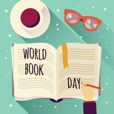 Día mundial del libro, libro abierto con escritura a mano, taza de café y vasos.  Ilustración