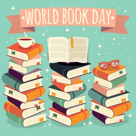 Día mundial del libro, libro abierto sobre una pila de libros con gafas sobre fondo de menta  Ilustración